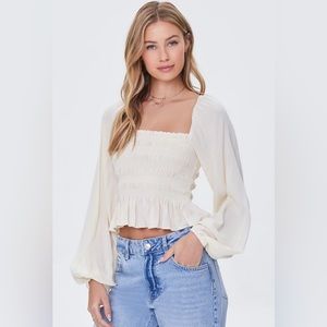 Smocked peasant-sleeve Top